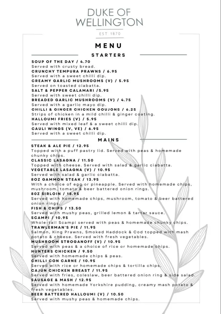 Menu_The Duke Of Wellington_East Keswick_image_3