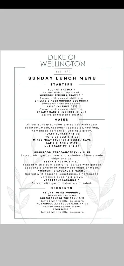 Menu_The Duke Of Wellington_East Keswick_image_4