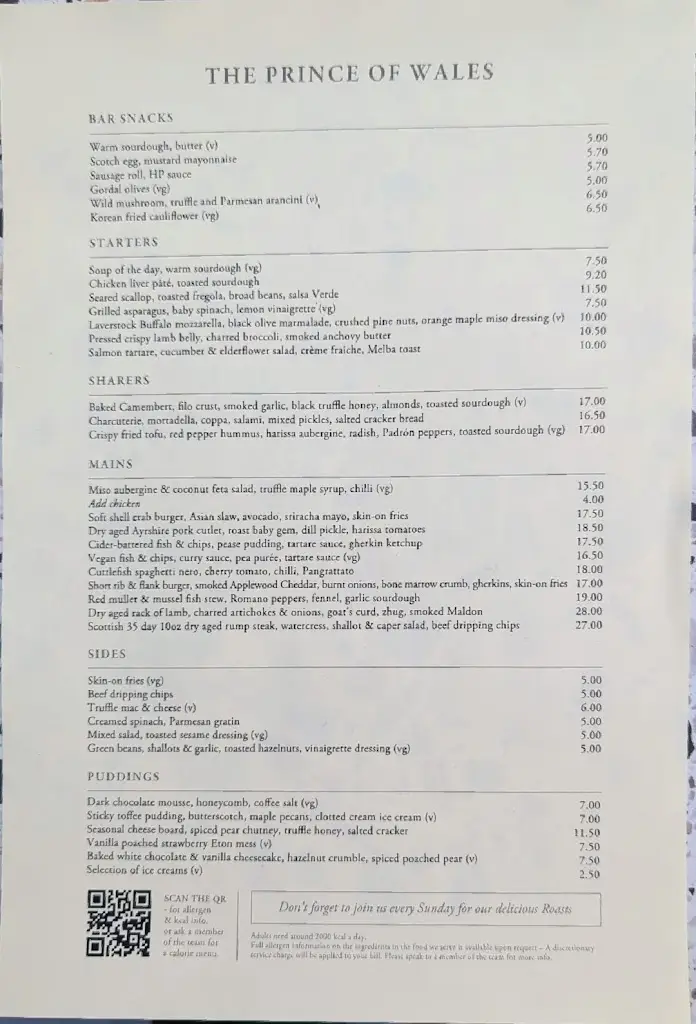 Menu_The Prince Of Wales_East Molesey_image_1