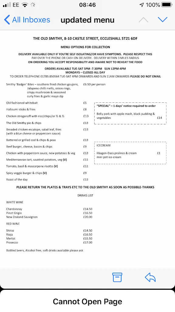 Menu_The Old Smithy_Eccleshall_imagen_1
