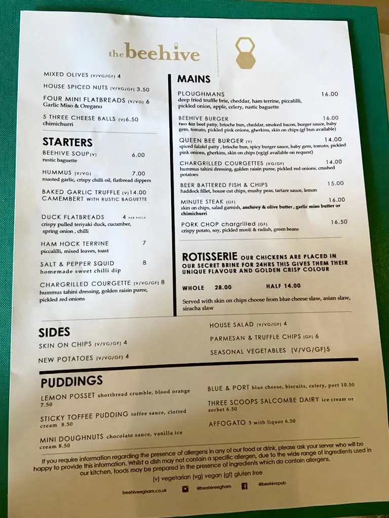 Menu_The Beehive, Egham_Egham_image_1