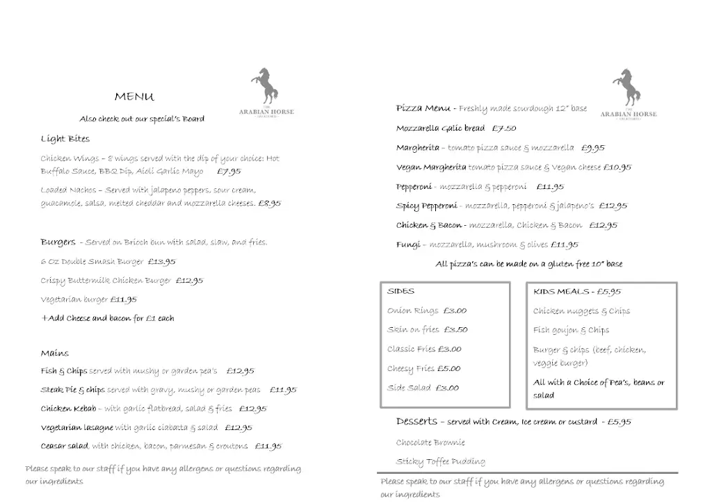 Menu_The Arabian Horse_Aberford_image_1