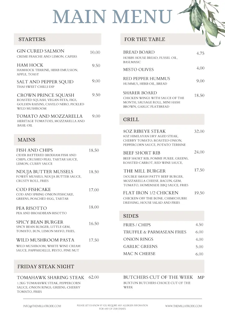 Menu_The Mill at Rode_Frome_image_1