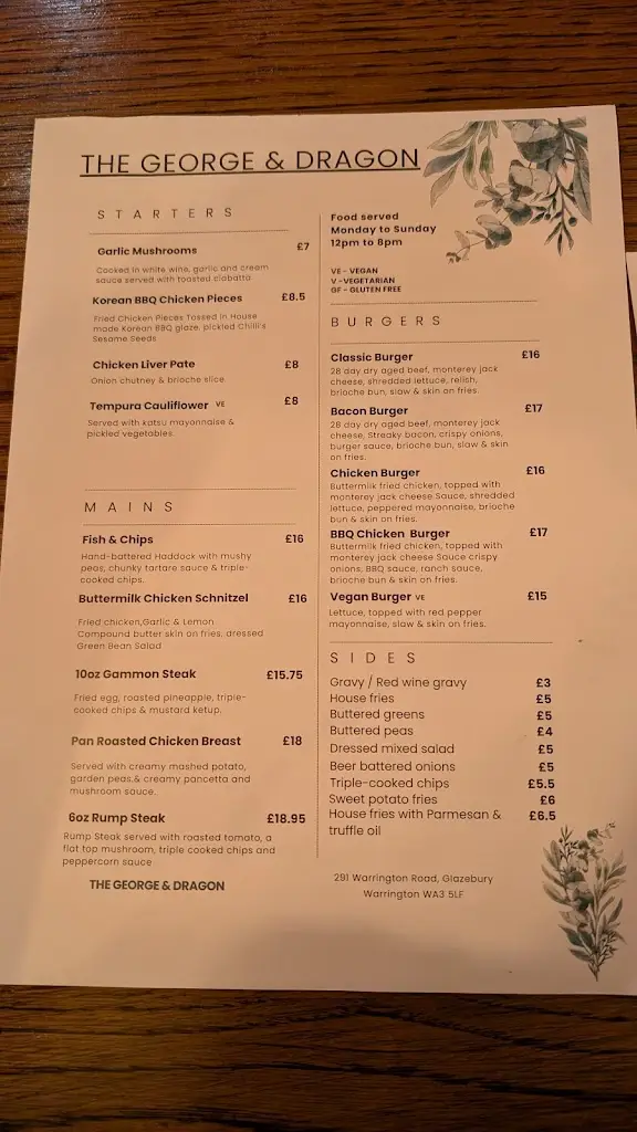 Menu_The George & Dragon_Glazebury_image_1