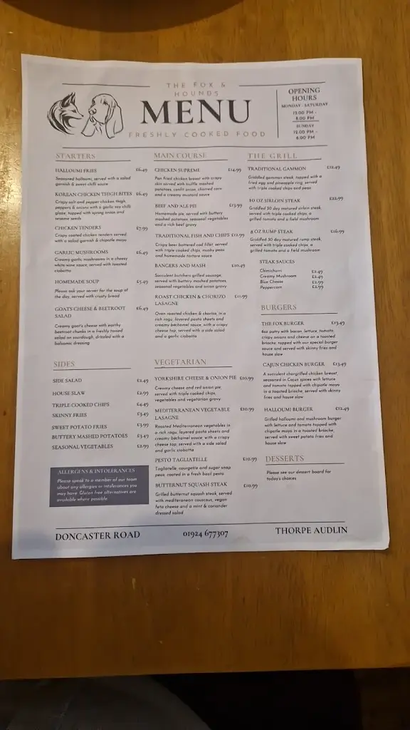 Menu_The Fox and Hounds_Badsworth_image_1