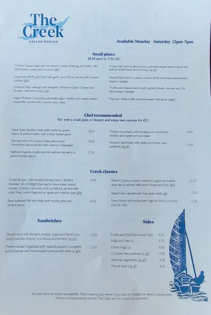 Menu_The Creek at Haslar Marina_Gosport_image_1