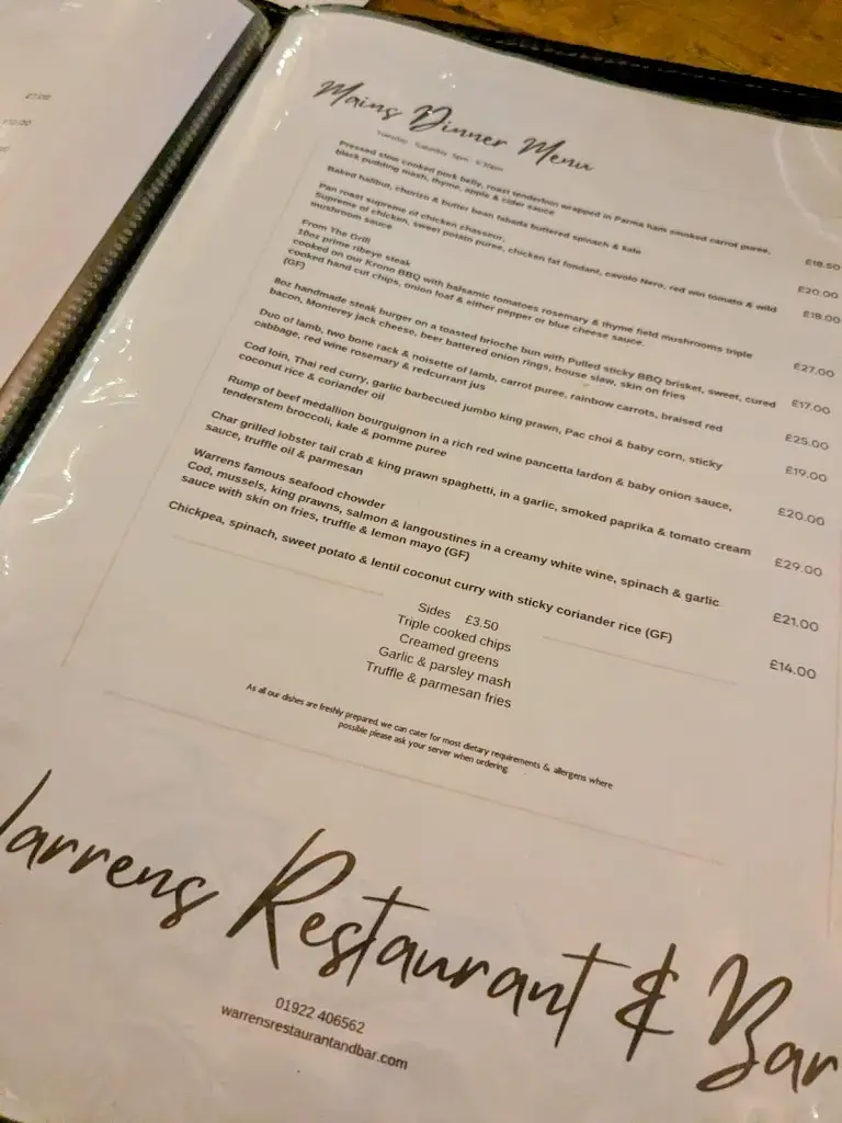 Menu_Warren's Restaurant & Bar_Great Wyrley_image_4