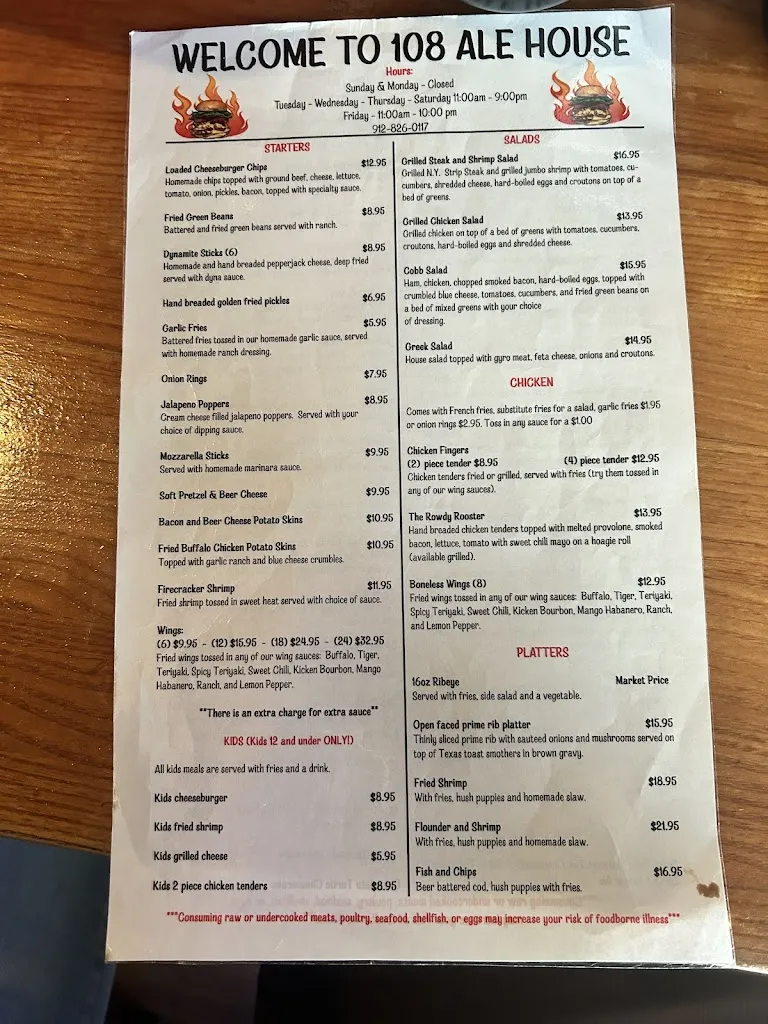 Menu_108 Ale House_Rincon, GA_image_old_1