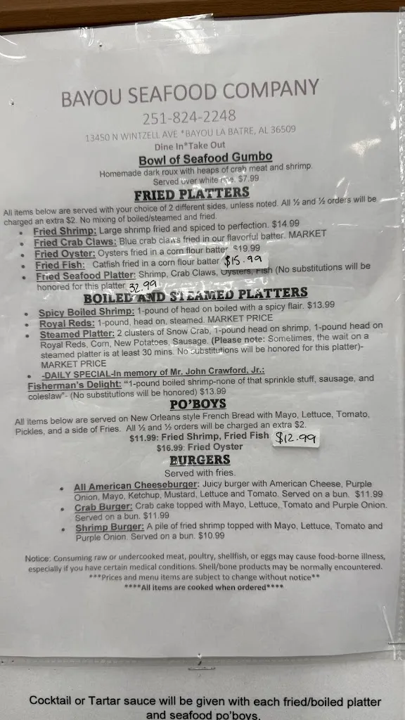 Menu_Bayou Seafood Company LLC_13450 Wintzell Ave, Bayou_image_old_1