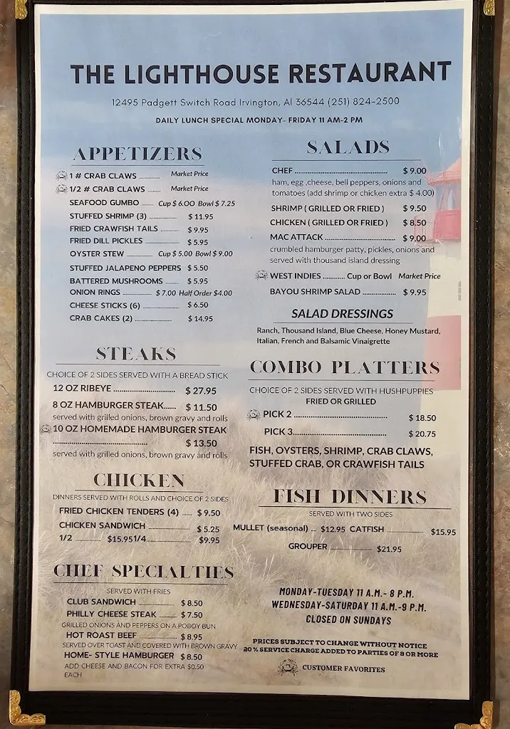 Menu_Lighthouse Restaurant_Irvington, AL_image_old_2