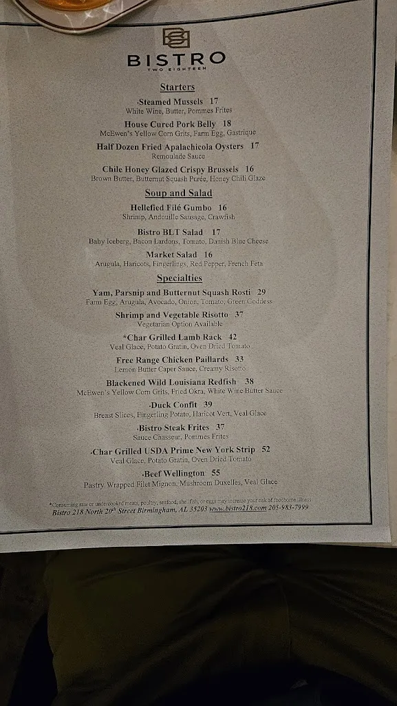 Menu_Bistro Two Eighteen_Birmingham, AL_image_old_1