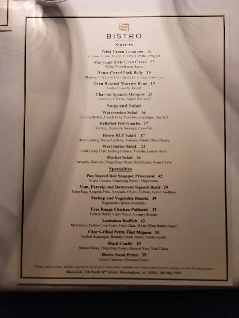 Menu_Bistro Two Eighteen_Birmingham, AL_image_old_2