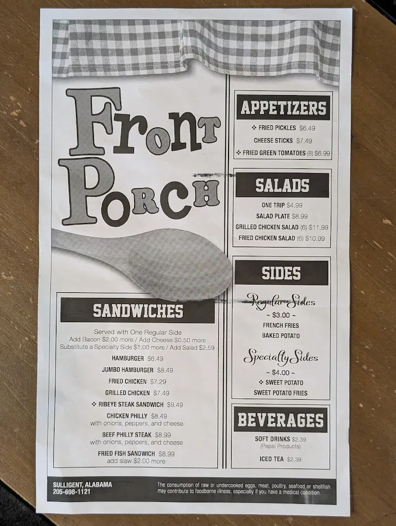 Menu_Front Porch_Sulligent, AL_image_old_2