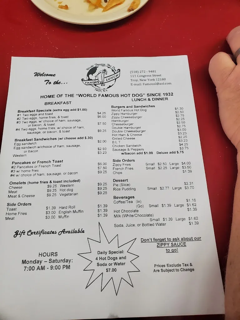 Menu_Famous Lunch_Troy, NY_image_old_1