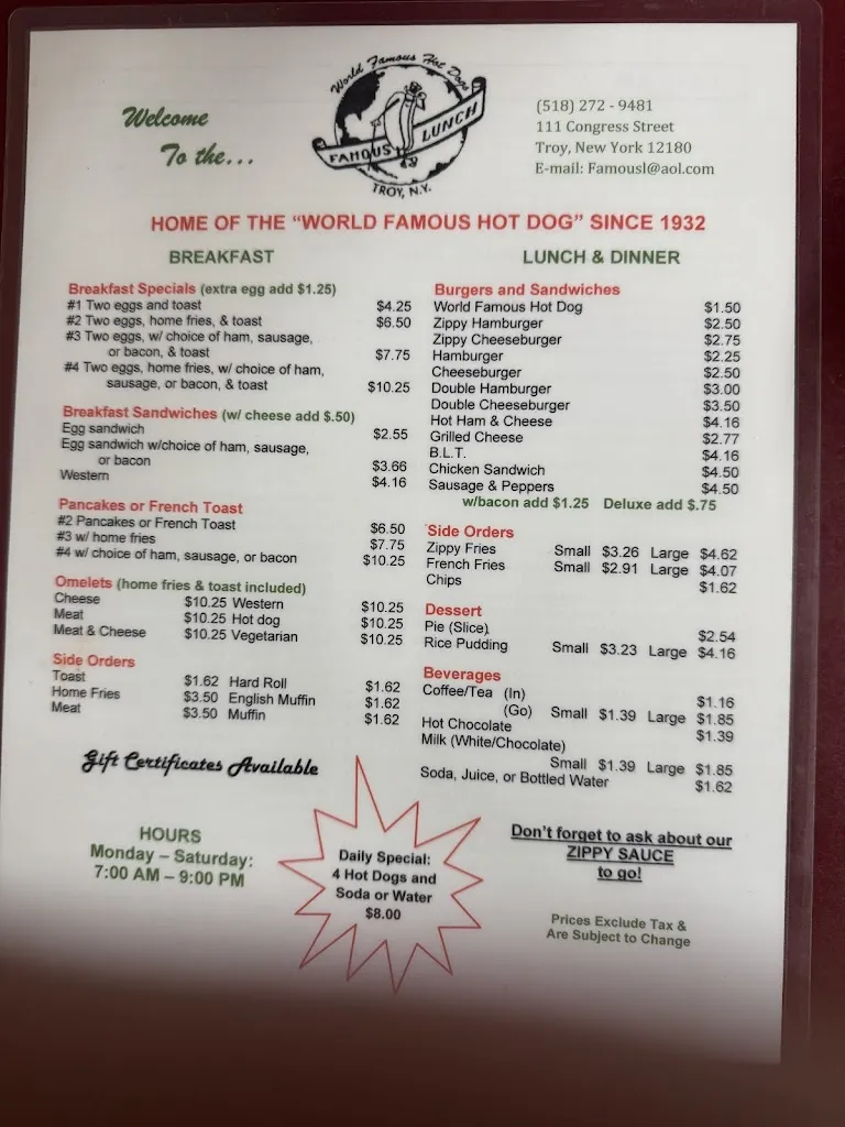 Menu_Famous Lunch_Troy, NY_image_old_2