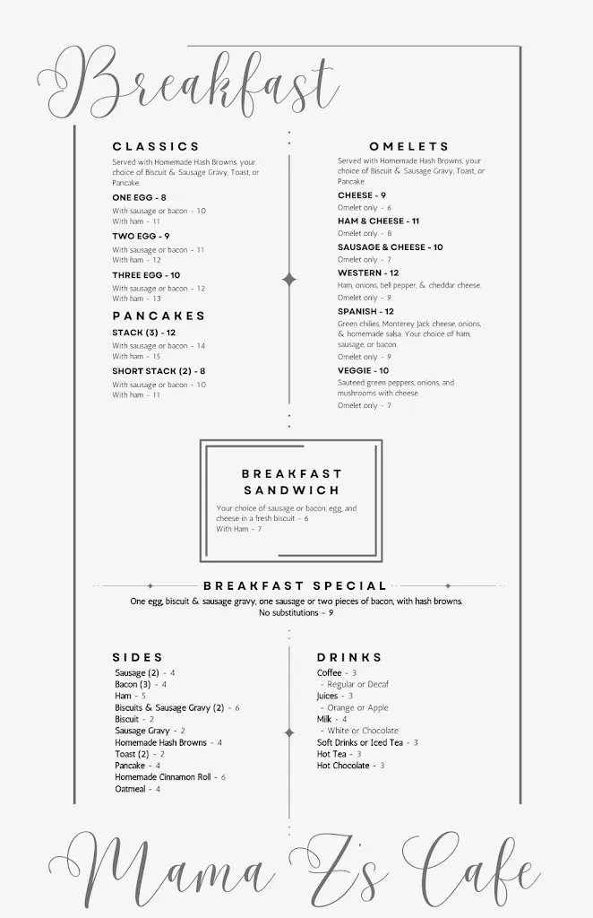 Menu_Mama Z's Cafe_Springdale, AR_image_old_2