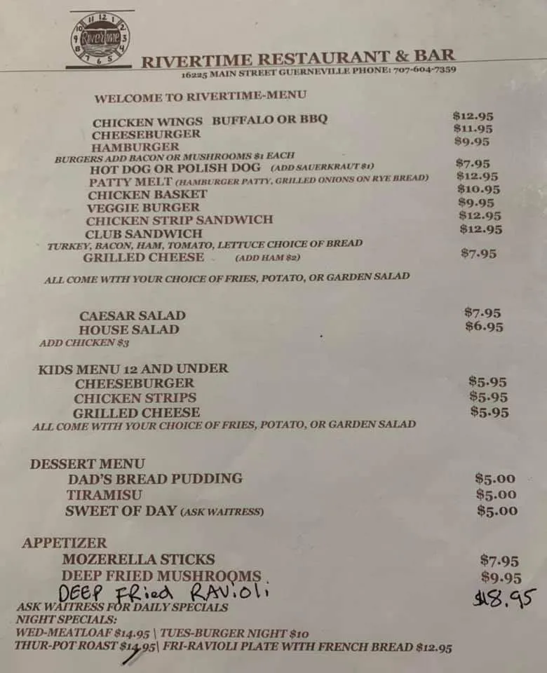 Menu_Rivertime Restaurant & Bar_Guerneville, CA_image_old_1