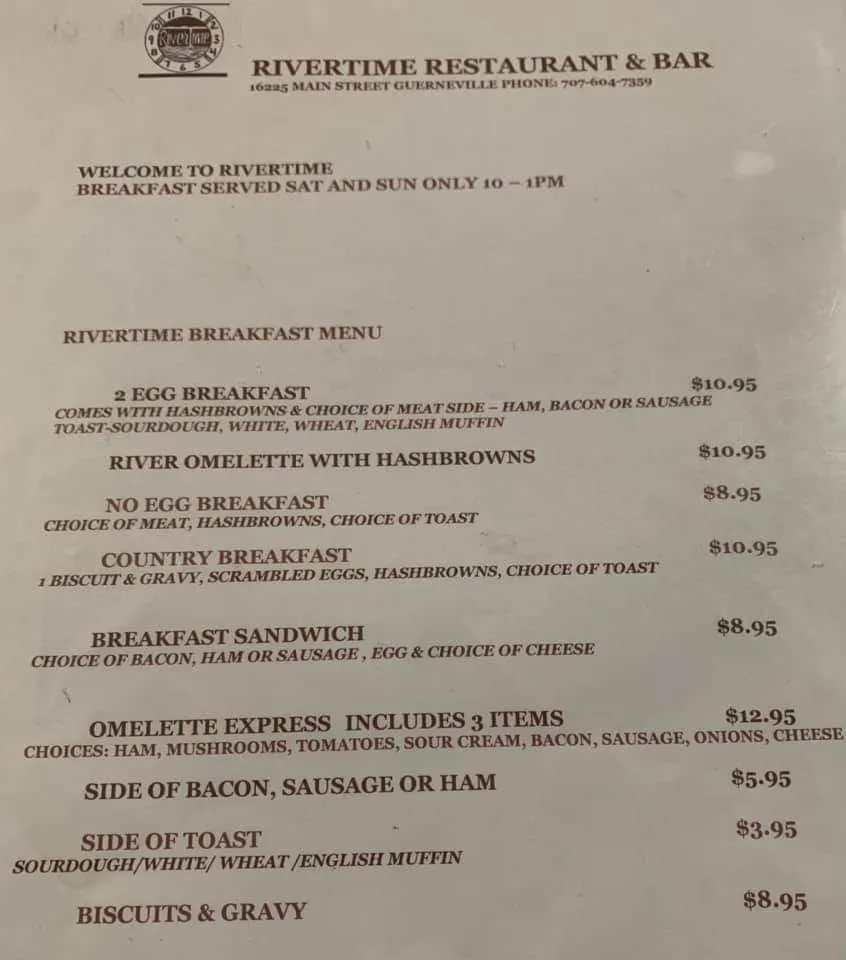Menu_Rivertime Restaurant & Bar_Guerneville, CA_image_old_2