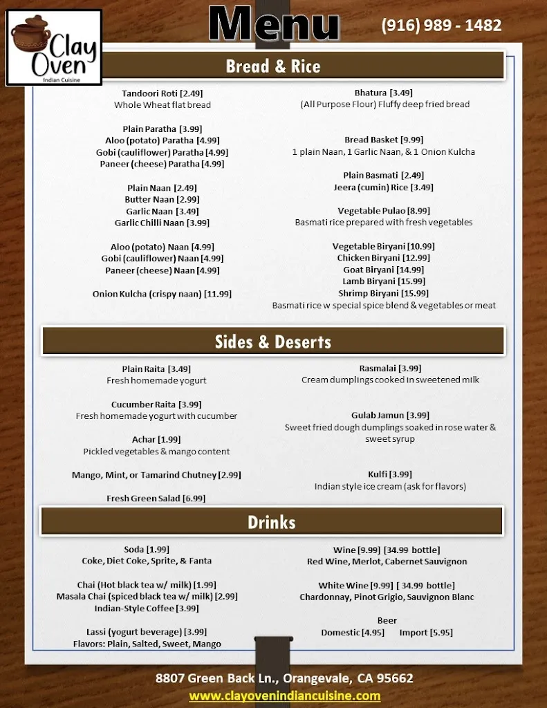 Menu_Clay Oven Indian Cuisine_Orangevale, CA_image_old_1