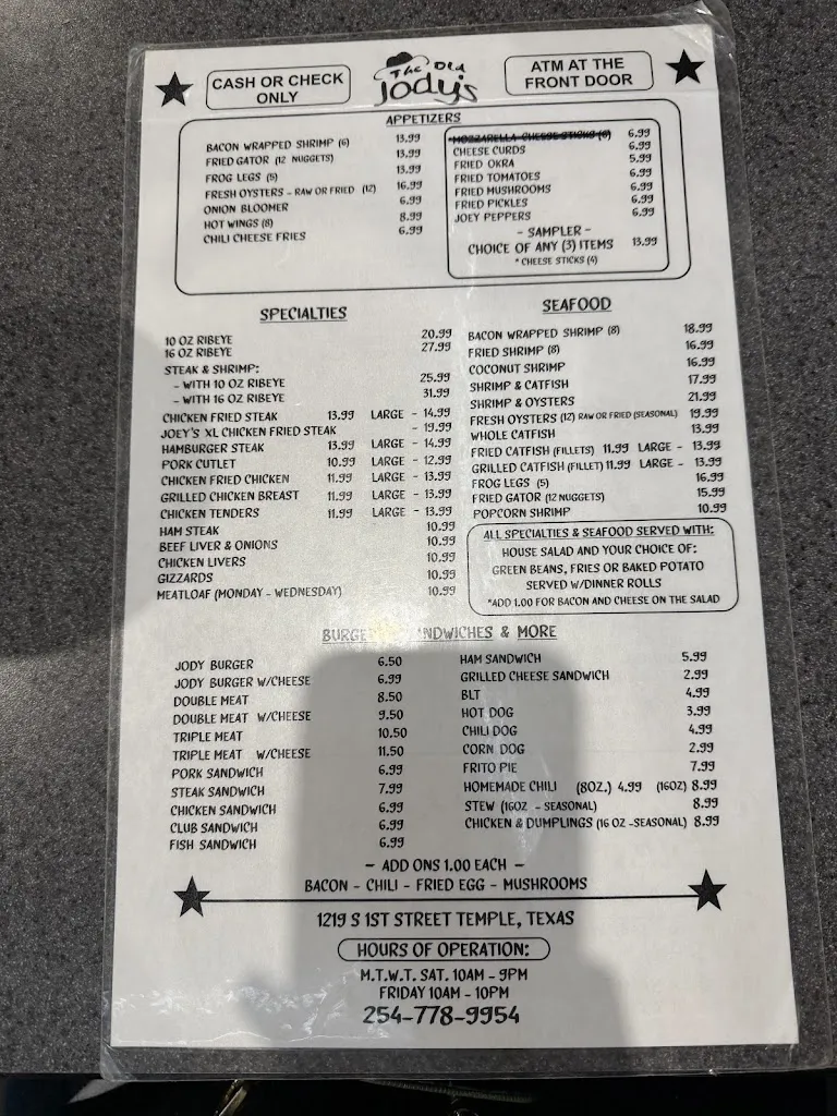 Menu_Old Jody's Restaurant_Temple, TX_image_old_1