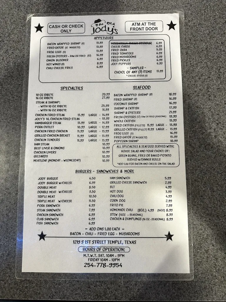 Menu_Old Jody's Restaurant_Temple, TX_image_old_2