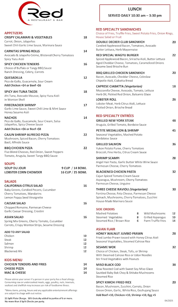 Menu_Red Restaurant and Bar_City of Industry, CA_image_old_1