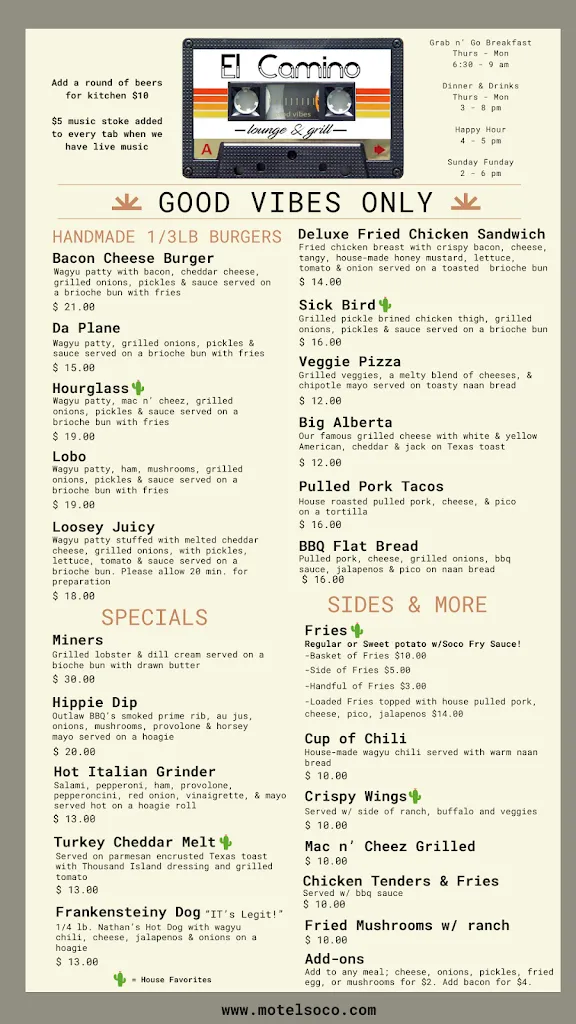 Menu_El Camino Lounge & Grill at Motel SOCO_Pagosa Springs, CO_image_old_1