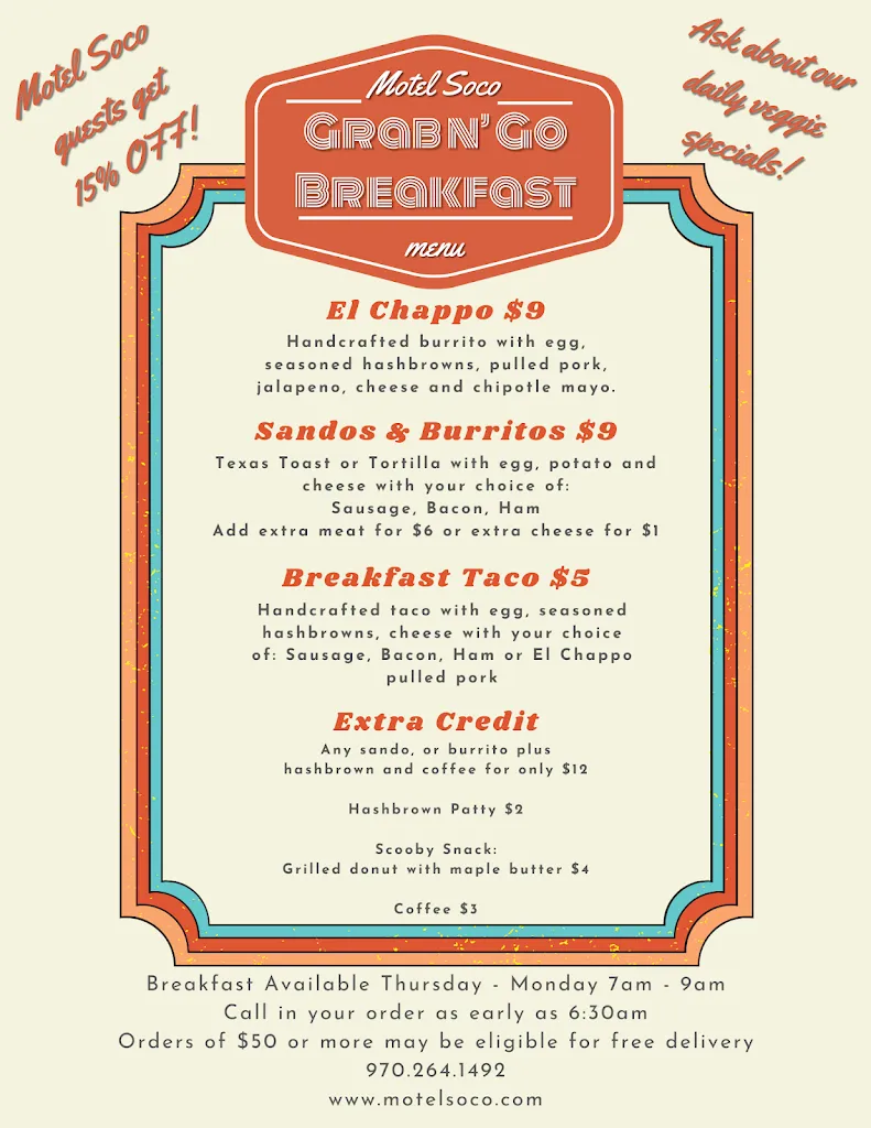 Menu_El Camino Lounge & Grill at Motel SOCO_Pagosa Springs, CO_image_old_2