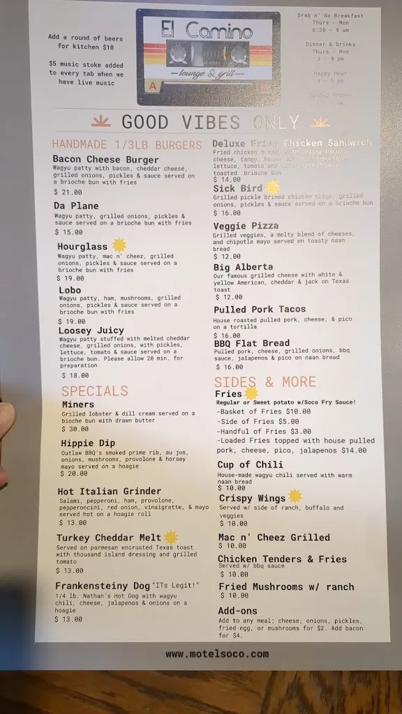 Menu_El Camino Lounge & Grill at Motel SOCO_Pagosa Springs, CO_image_old_3