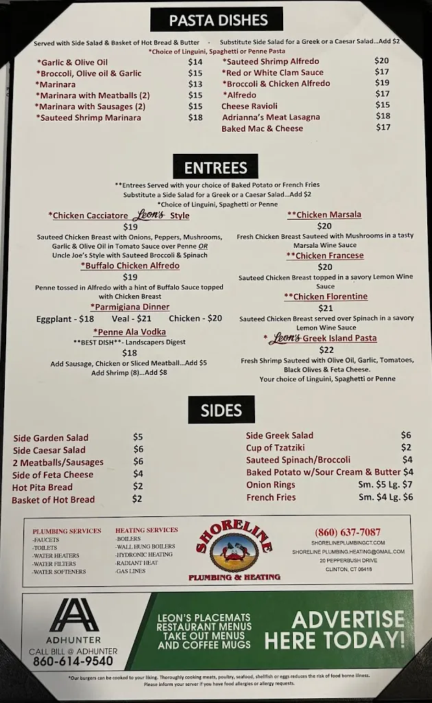 Menu_Leon's Pizza Restaurant_Westbrook, CT_image_old_2