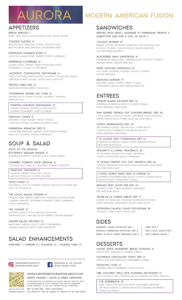 Menu_Aurora at the Celeste_Orlando, FL_image_old_1