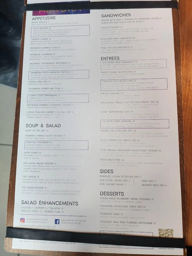 Menu_Aurora at the Celeste_Orlando, FL_image_old_3