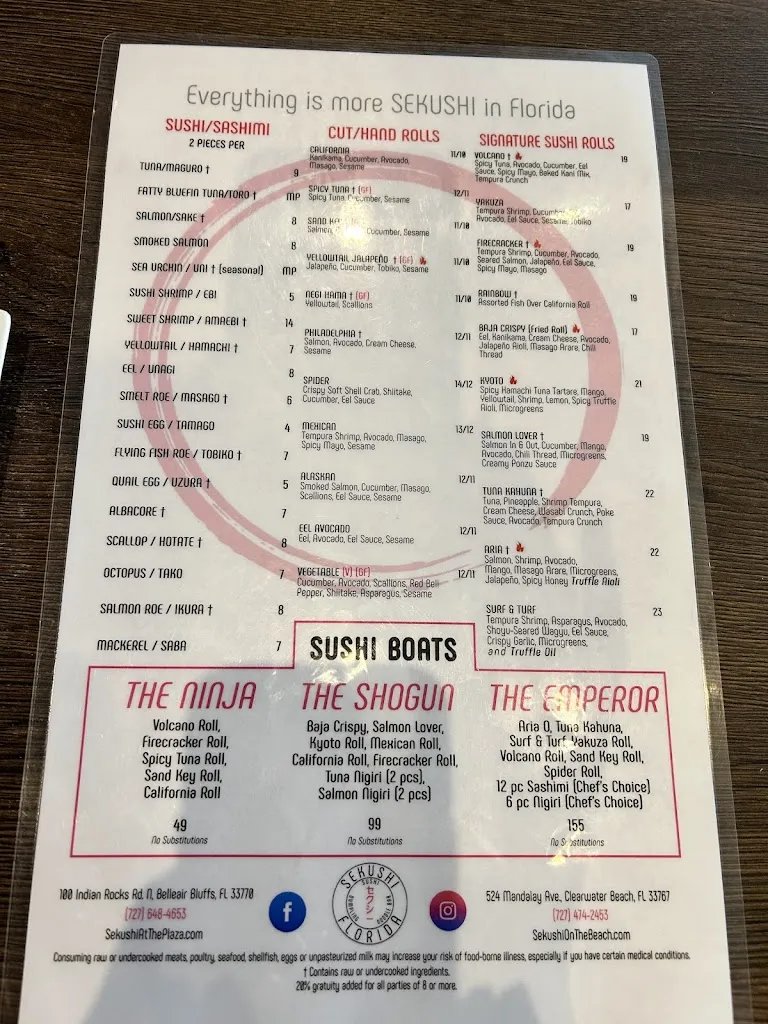 Menu_Sekushi at the Plaza_Belleair Bluffs, FL_image_old_3