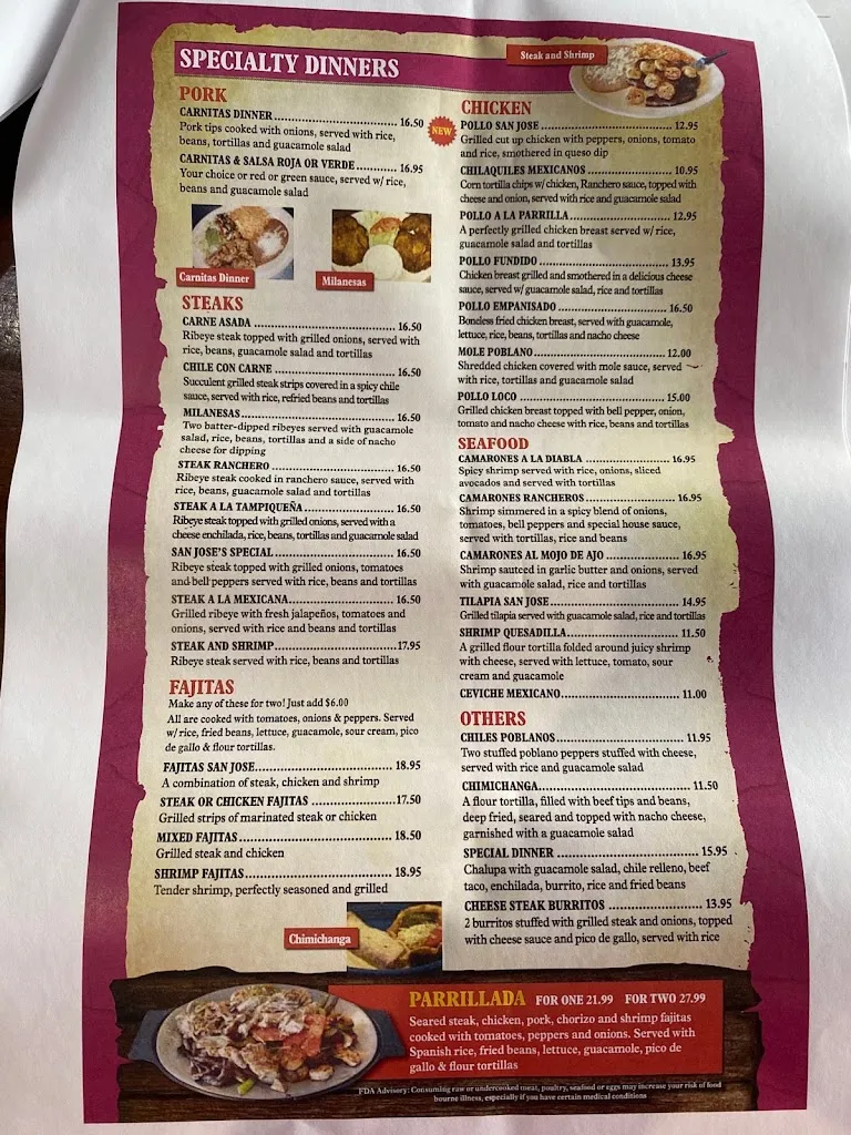 Menu_San Jose Mexican Restaurant_Land O' Lakes, FL_image_old_1