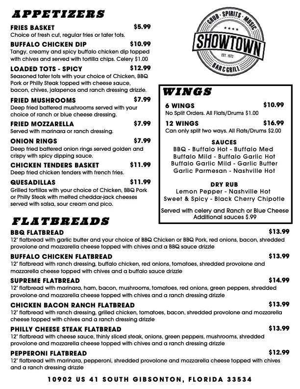 Menu_Showtown Bar & Grill_Gibsonton, FL_image_old_2