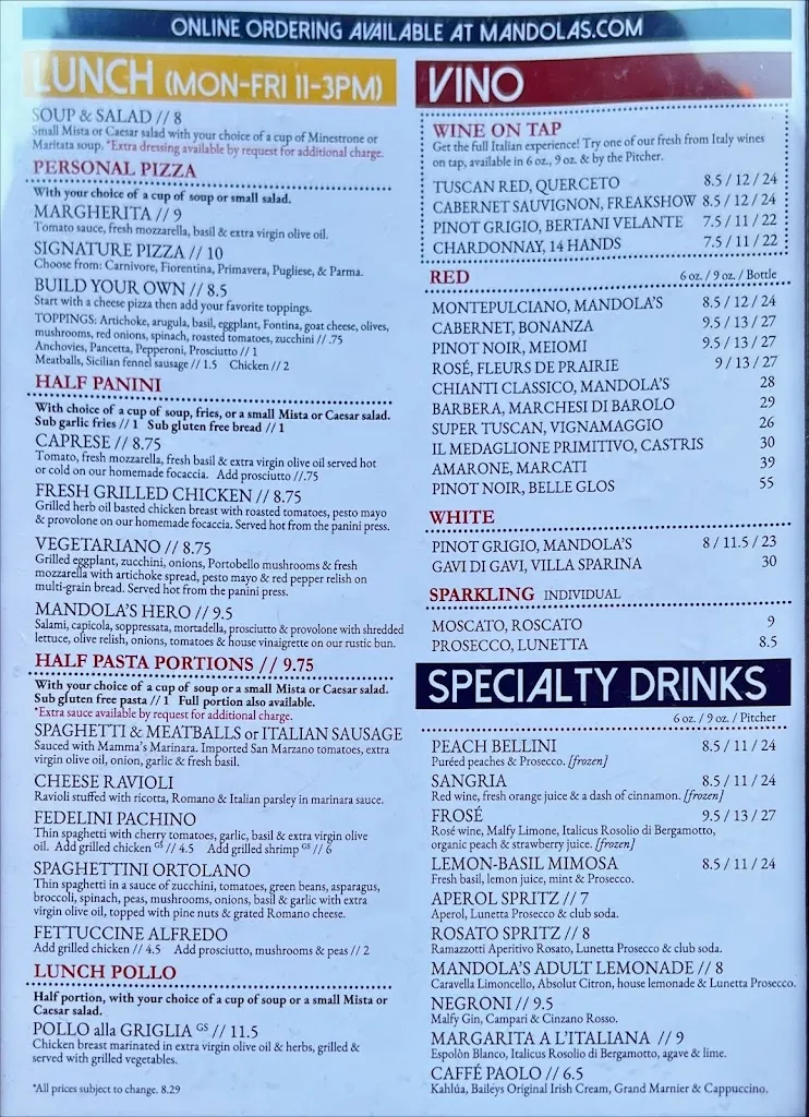 Menu_Mandola’s Italian Kitchen_Oldsmar, FL_image_old_1
