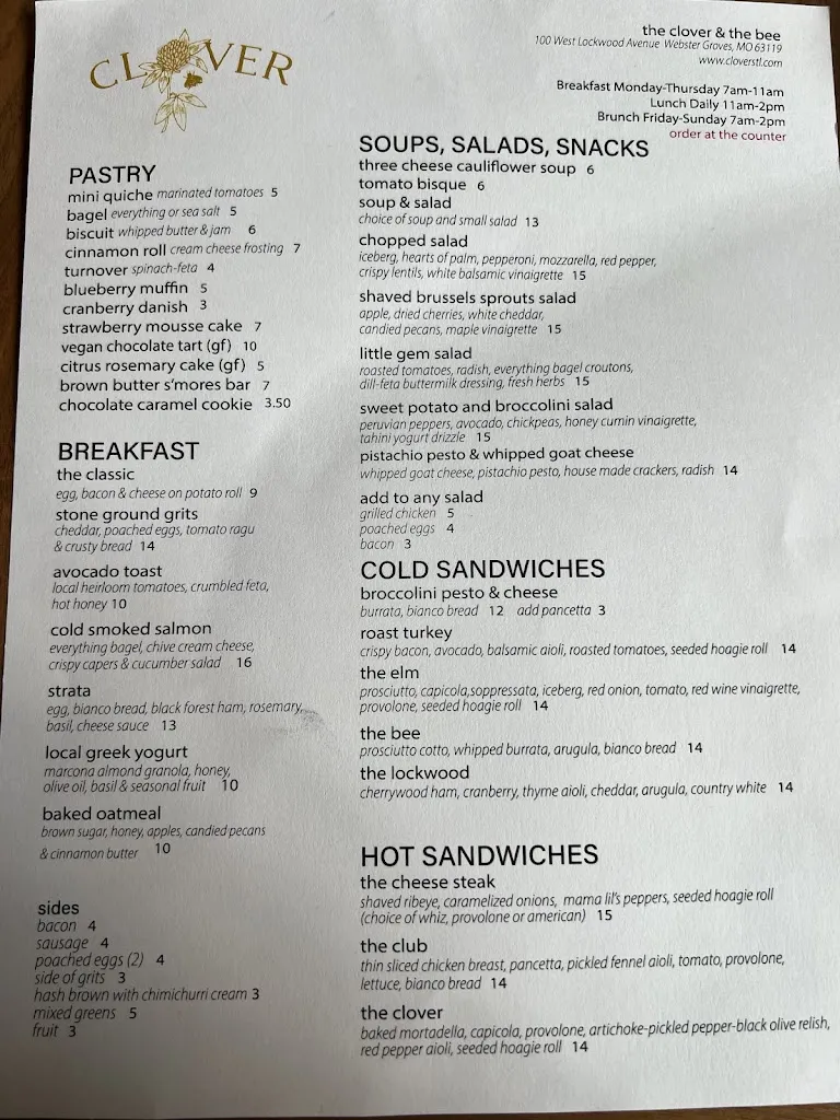 Menu_The Clover and the Bee_Webster Groves, MO_image_old_1