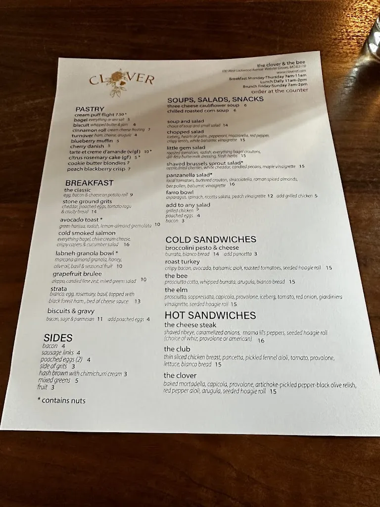 Menu_The Clover and the Bee_Webster Groves, MO_image_old_3