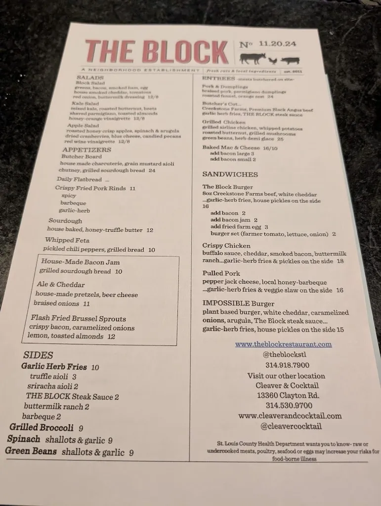 Menu_The Block Restaurant & Butcher Webster Groves Missouri_Webster Groves, MO_image_old_2
