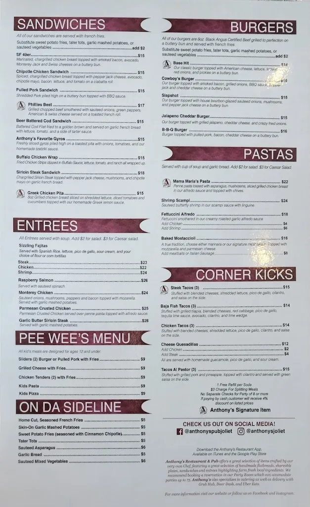 Menu_Anthony's Restaurant and Pub_Joliet, IL_image_old_1