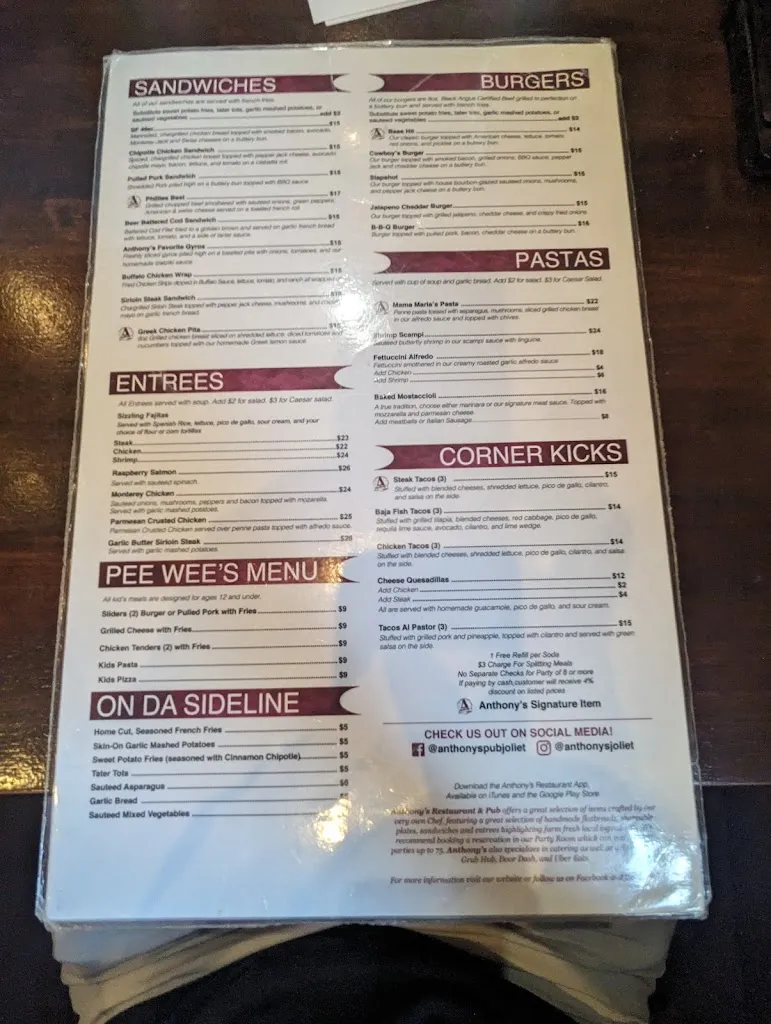 Menu_Anthony's Restaurant and Pub_Joliet, IL_image_old_2