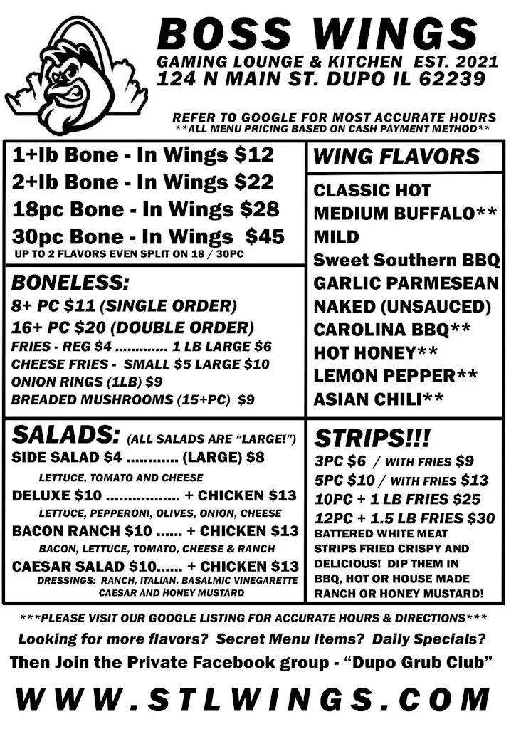 Menu_BOSS WINGS - DUPO IL. (Carry Out Only) **Video Gaming Lounge Now Open!!** (Must be 21+)_Dupo, IL_image_old_1