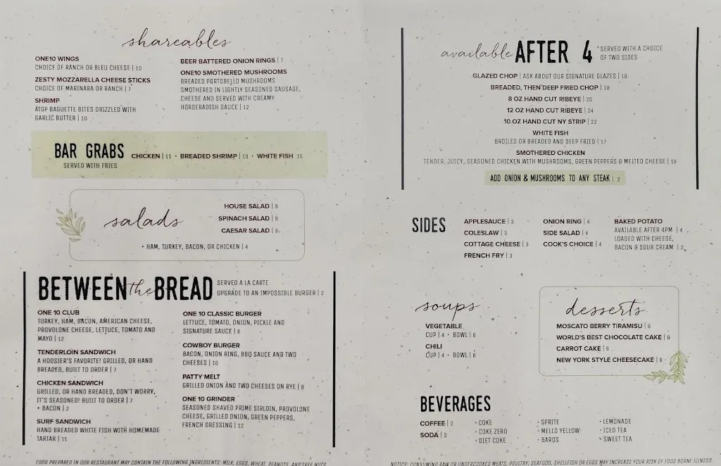 Menu_One10 West Main_Albion, IN_image_old_3