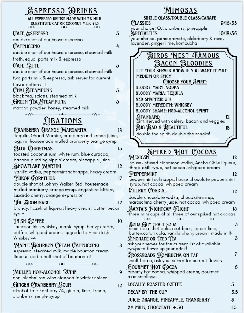 Menu_Bird's Nest Cafe_Nashville, IN_image_old_2