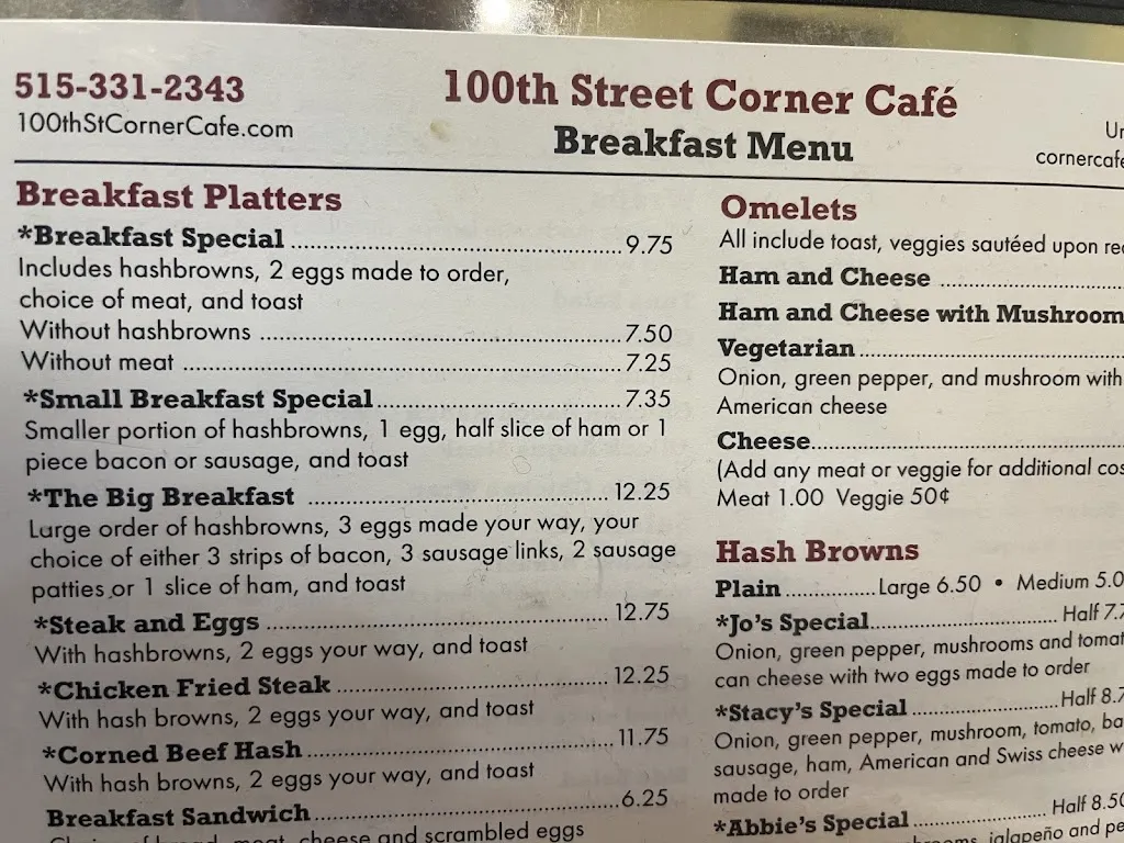Menu_100th St. Corner Cafe_Urbandale, IA_image_old_3