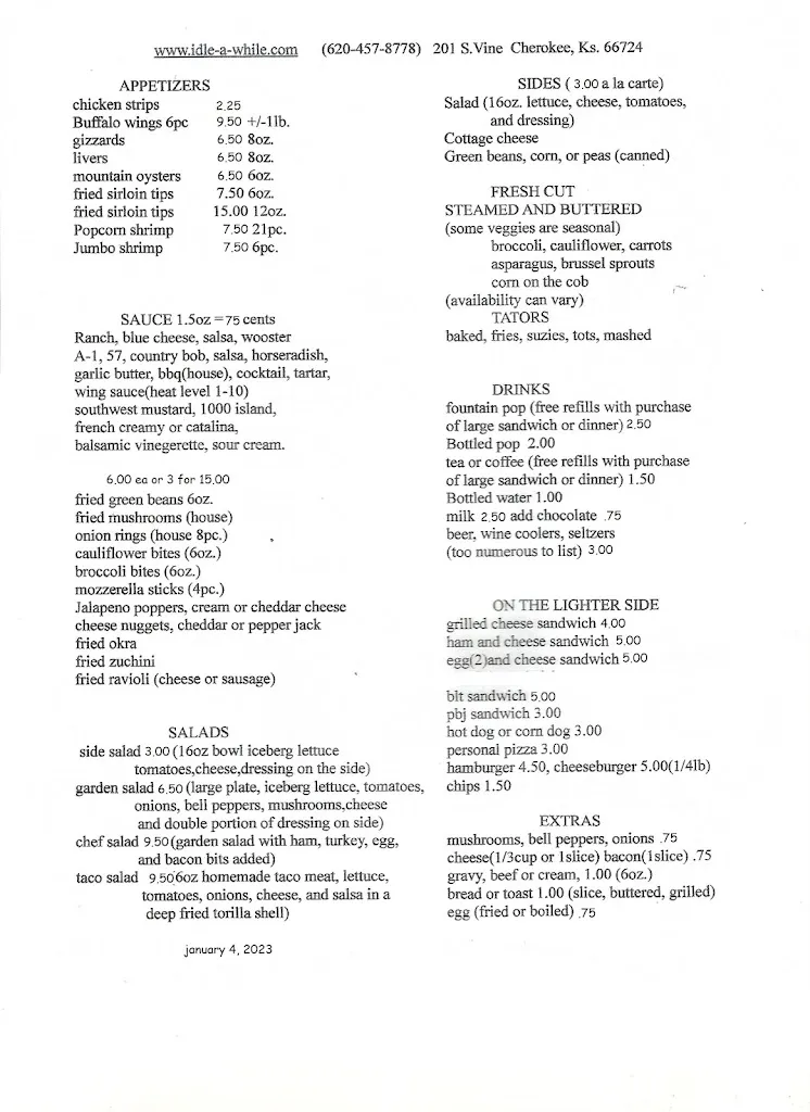 Menu_Idle-A-While_Cherokee, KS_image_old_1