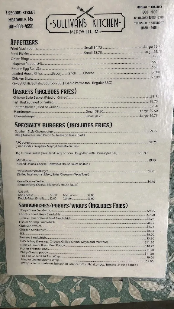Menu_Sullivans Kitchen_Meadville, MS_image_old_1