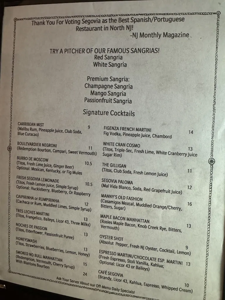 Menu_Segovia Tavern_Oakland, NJ_image_old_2