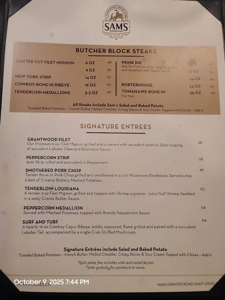Menu_Sam's Steakhouse_St. Louis, MO_image_old_1