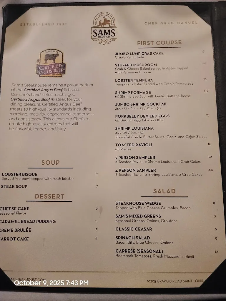 Menu_Sam's Steakhouse_St. Louis, MO_image_old_2
